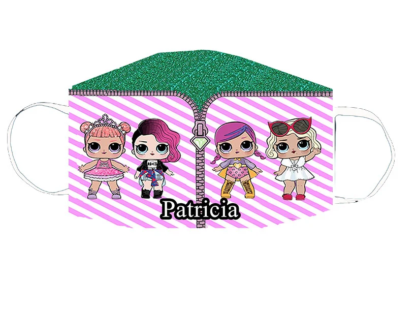 Mascarilla personalizable con diseño de cuatro muñecas y el nombre Patricia sobre un fondo a rayas blancas y rosas con cremallera dibujada.