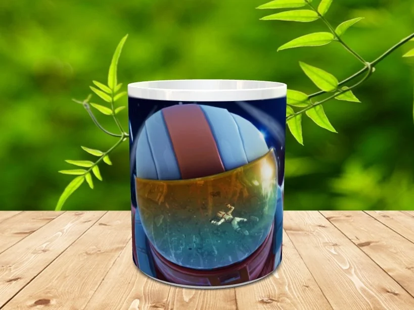 Taza de ceramica blanca con diseño de personaje espacial de Fortnite y fondo oscuro sobre superficie de madera.