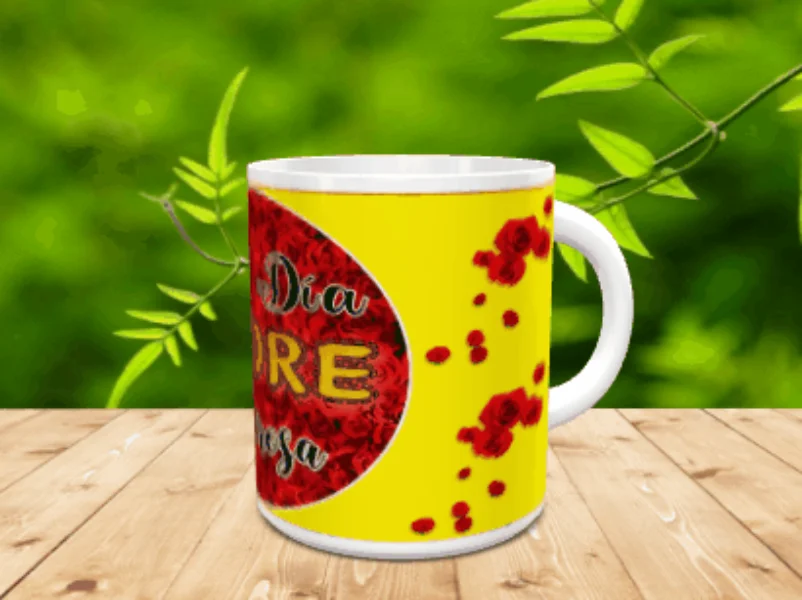 Taza blanca de cerámica con diseño amarillo y círculo de rosas rojas con texto legible, sobre superficie de madera y fondo verde difuminado.