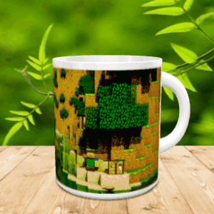 Taza de cerámica blanca decorada con un paisaje pixelado inspirada en Minecraft, apoyada sobre una superficie de madera.