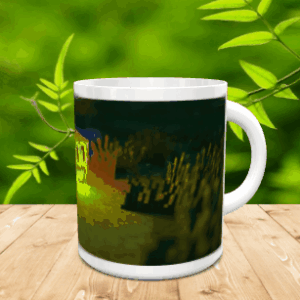 Taza de cerámica blanca con un diseño pixelado de Minecraft apoyada sobre una superficie de madera.