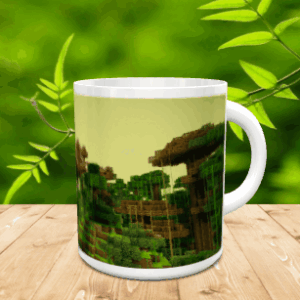 Taza de cerámica blanca con un diseño pixelado de árboles y naturaleza estilo Minecraft sobre superficie de madera.
