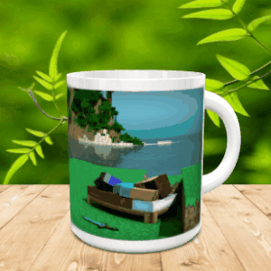 Taza de cerámica blanca decorada con un diseño pixelado de Minecraft que muestra un paisaje costero y una cama sobre el césped, apoyada sobre una superficie de madera.