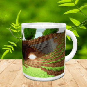 Taza de cerámica blanca con un diseño pixelado que muestra un paisaje de cueva y naturaleza, colocada sobre una superficie de madera.