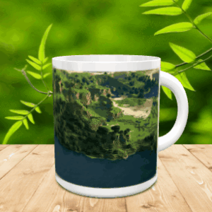 Taza de cerámica blanca decorada con un paisaje pixelado de naturaleza y agua, apoyada sobre madera con vegetación de fondo.