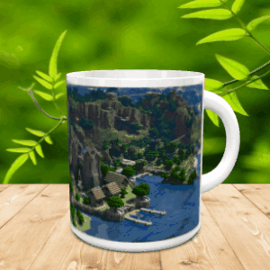 Taza de cerámica blanca decorada con un paisaje pixelado de construcciones junto al agua sobre superficie de madera.