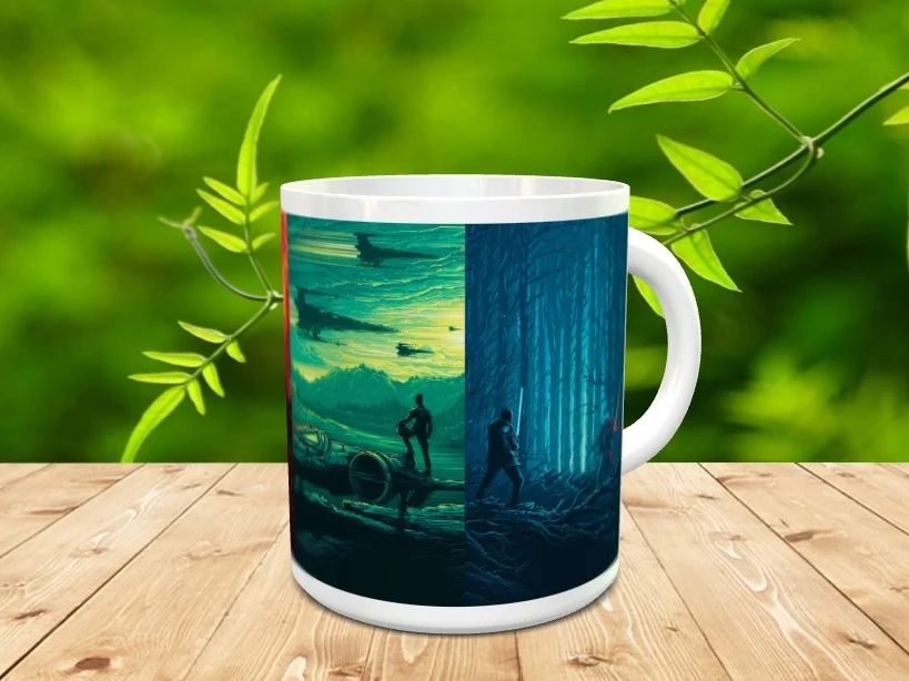 Taza de cerámica blanca con diseño de naves y personajes en tonos verdes y azules ref star-10x