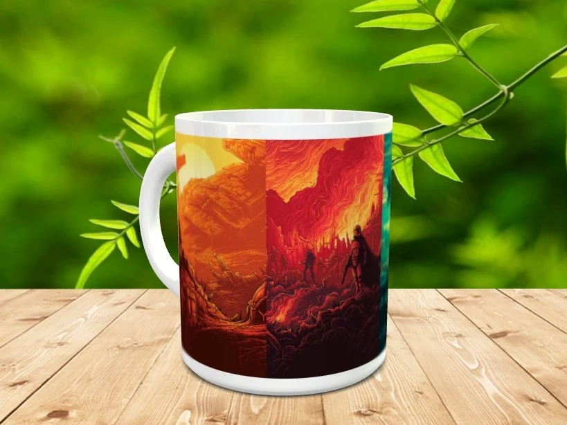 Taza de cerámica blanca decorada con una ilustración de paisajes en tonos cálidos y oscuros. La pieza descansa sobre madera con vegetación de fondo.