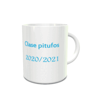 Maqueta de taza blanca con el texto Clase pitufos y 2020/2021 en color azul.