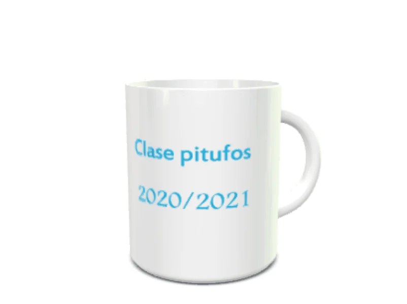 Maqueta de taza blanca con el texto Clase pitufos y 2020/2021 en color azul.