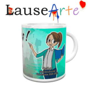 Maqueta de taza blanca de cerámica con diseño turquesa, ilustración de profesora y el texto Esther Directora Escolar Ciclo Escolar 2020-2020.
