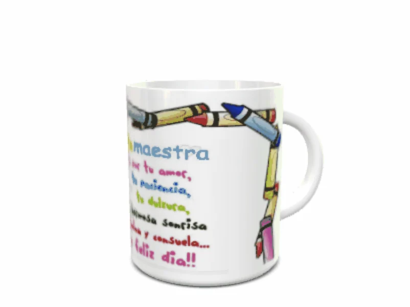 Maqueta de taza blanca de cerámica con asa lateral, decorada con un diseño escolar de ceras de colores y texto manuscrito de agradecimiento para docentes.