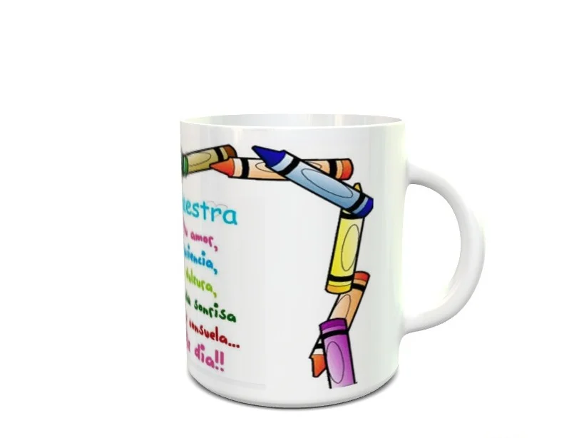 Maqueta de taza blanca de cerámica orientada a docentes, decorada con ceras de colores y un mensaje de agradecimiento manuscrito.