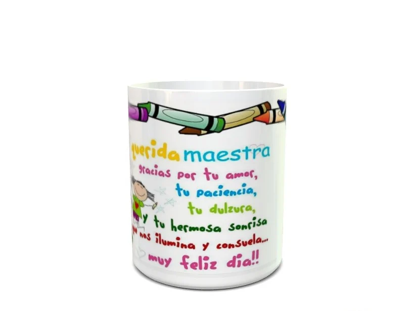 Maqueta de taza blanca de cerámica para profesoras con diseño escolar de lápices y mensaje de agradecimiento. Ref: profesoras2xxx