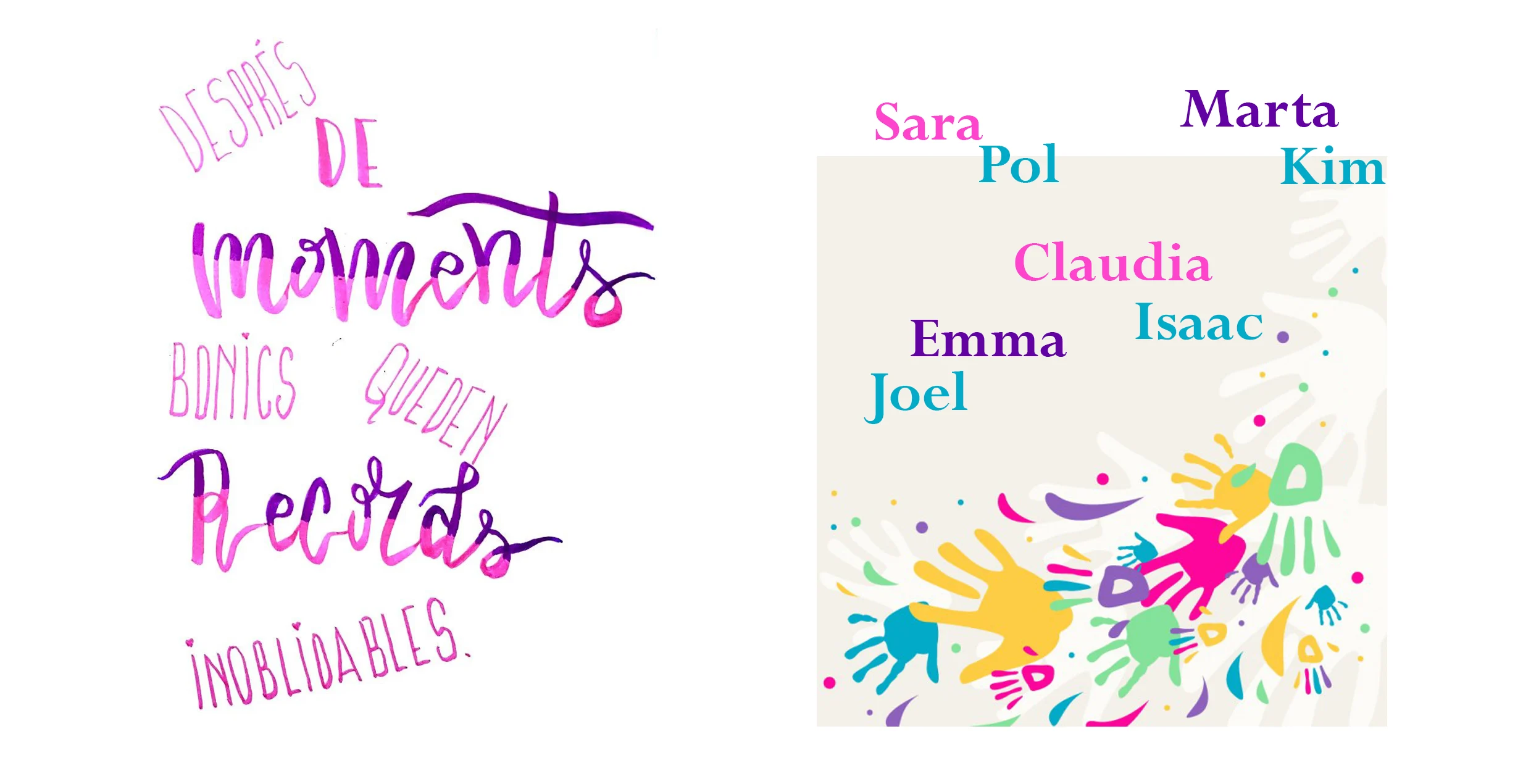Diseño plano para taza de profesores con frase emotiva y nombres propios en tonos rosas y morados, acompañado de coloridas huellas infantiles.