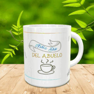 Taza blanca de cerámica para el abuelo con una pancarta con texto y dibujo de taza de café, sobre superficie de madera.