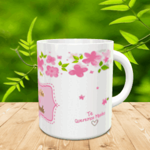 Taza blanca de ceramica personalizada con flores rosas y la frase Te Queremos Mucho ref abuelos-2x