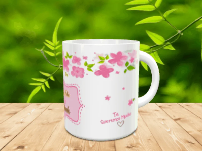 Taza blanca de ceramica personalizada con flores rosas y la frase Te Queremos Mucho ref abuelos-2x