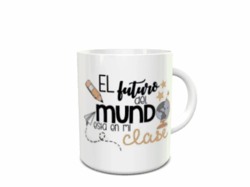 taza blanca de cerámica para profesores con la frase El futuro del mundo está en mi clase y un diseño escolar.