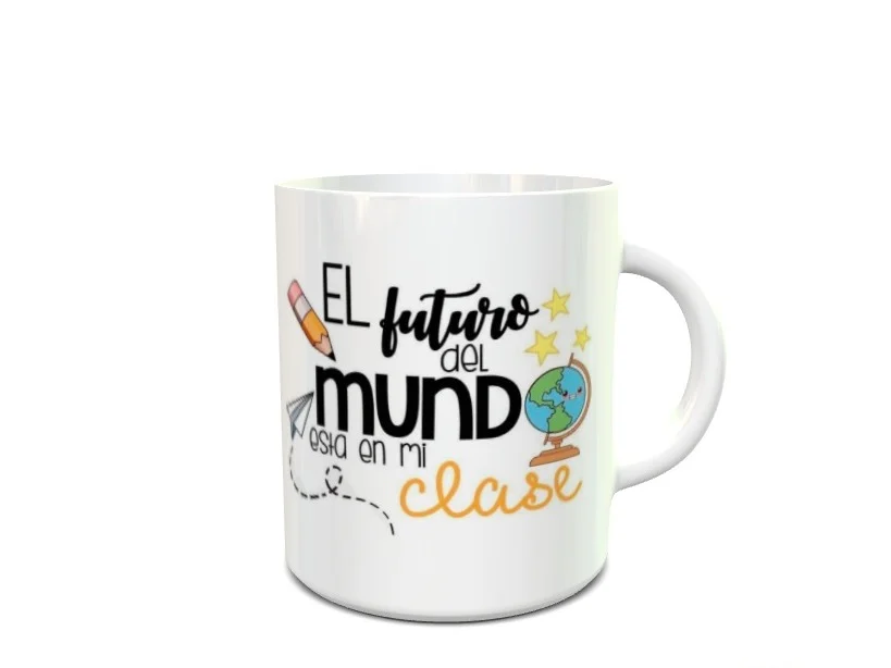 taza blanca de cerámica con el diseño escolar El futuro del mundo esta en mi clase y motivos educativos.
