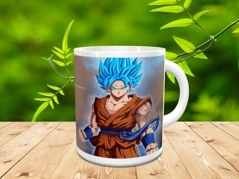Taza blanca de cerámica personalizada con la ilustración de un personaje de animación de cabello azul. Ref. goku-33xx