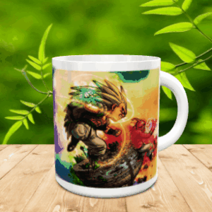 Taza de cerámica blanca con una ilustración de personajes de combate anime, situada sobre una superficie de madera con fondo verde difuminado.