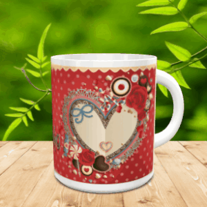 Taza blanca de cerámica en movimiento con un diseño rojo decorado con corazones, rosas y motivos de chocolates sobre una superficie de madera.