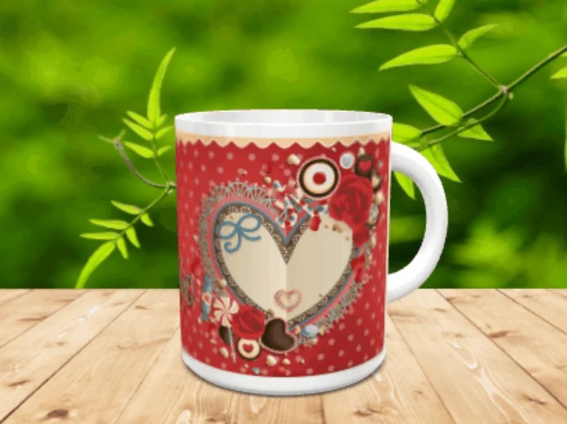 Taza blanca de cerámica en movimiento con un diseño rojo decorado con corazones, rosas y motivos de chocolates sobre una superficie de madera.