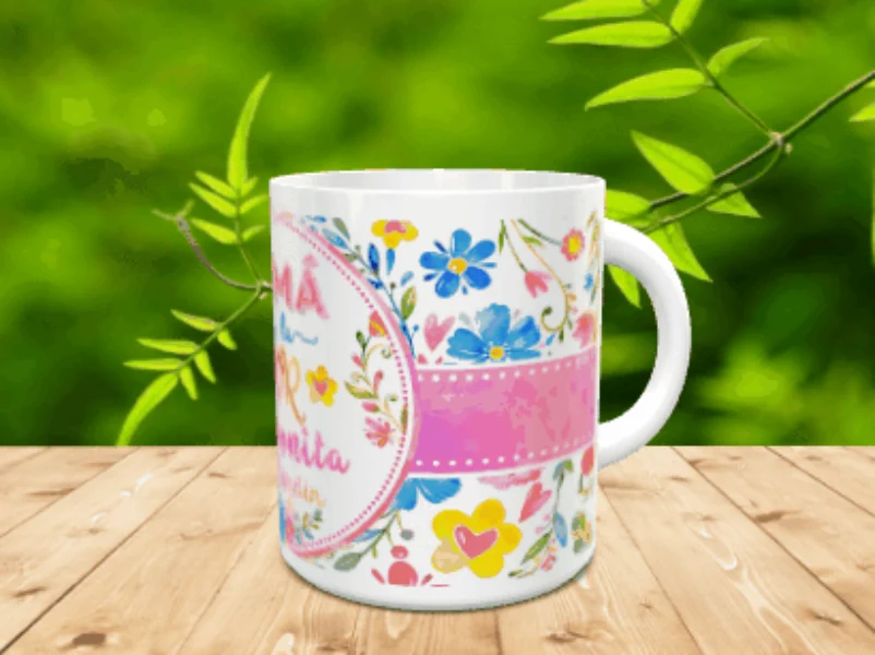 Taza blanca de ceramica en movimiento con un diseño floral y la frase Mamá eres la flor más bonita sobre superficie de madera.