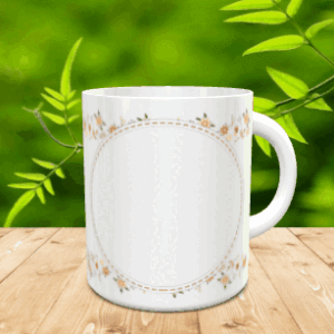 Taza blanca de cerámica con marco circular pespunteado y cenefas florales sobre madera. Ref. mama-10x