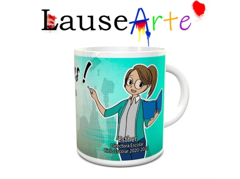 taza blanca de cerámica personalizada para directora escolar, con una ilustración de profesora y el texto Esther Directora Escolar Ciclo Escolar 2020-2021. Ref. 12xx