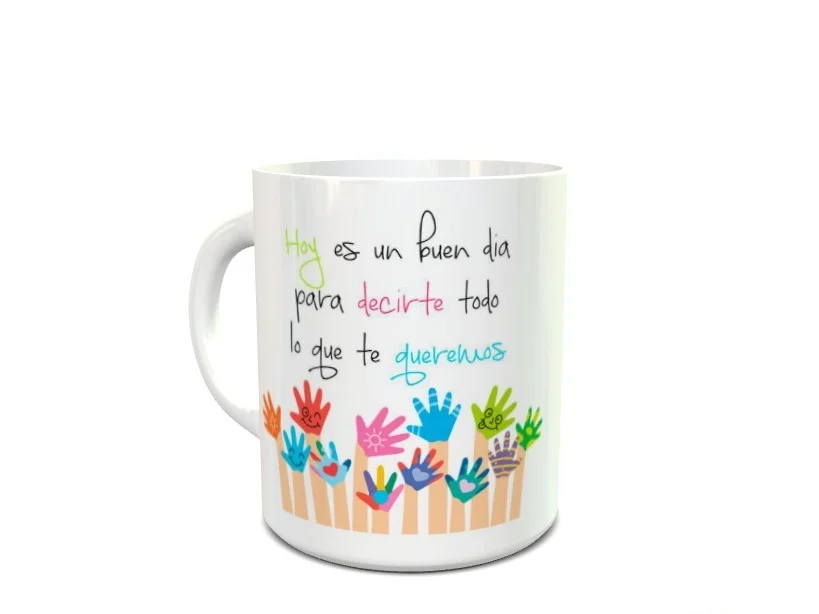 taza blanca de cerámica con frase y dibujo de manos infantiles coloridas ref. 6xx