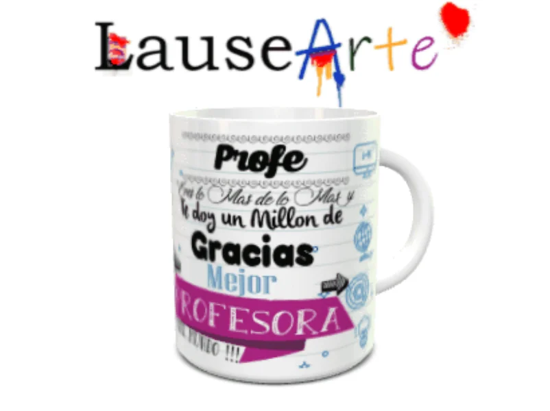Taza blanca de cerámica para profesores con un diseño de libreta y texto de agradecimiento.