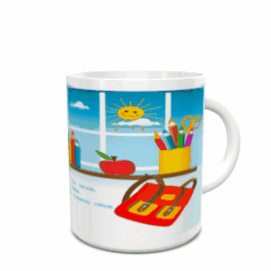 taza blanca de cerámica con un diseño escolar impreso que incluye una ventana soleada, una manzana roja y una cartera.