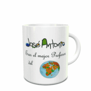 Maqueta de taza blanca en movimiento de cerámica con asa lateral, decorada con el texto José Antonio, la frase Eres el mejor Profesor del y una ilustración de un globo terráqueo.
