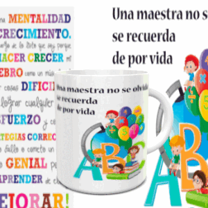 Caneca branca de cerâmica com um design escolar que mostra letras e balões numéricos, acompanhada de uma frase emotiva. Ref. 18