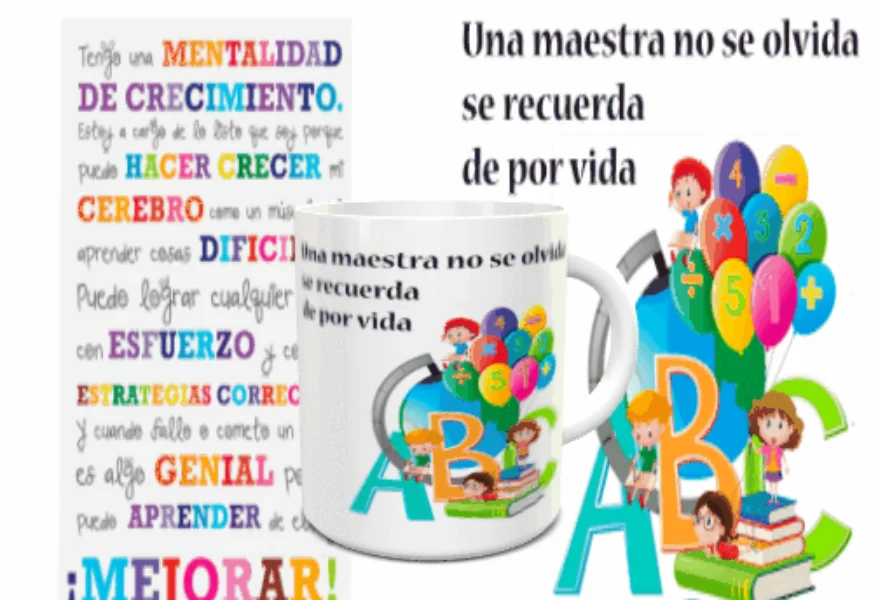 Taza blanca de cerámica con un diseño escolar que muestra letras y globos numéricos, acompañada de una frase emotiva. Ref. 18