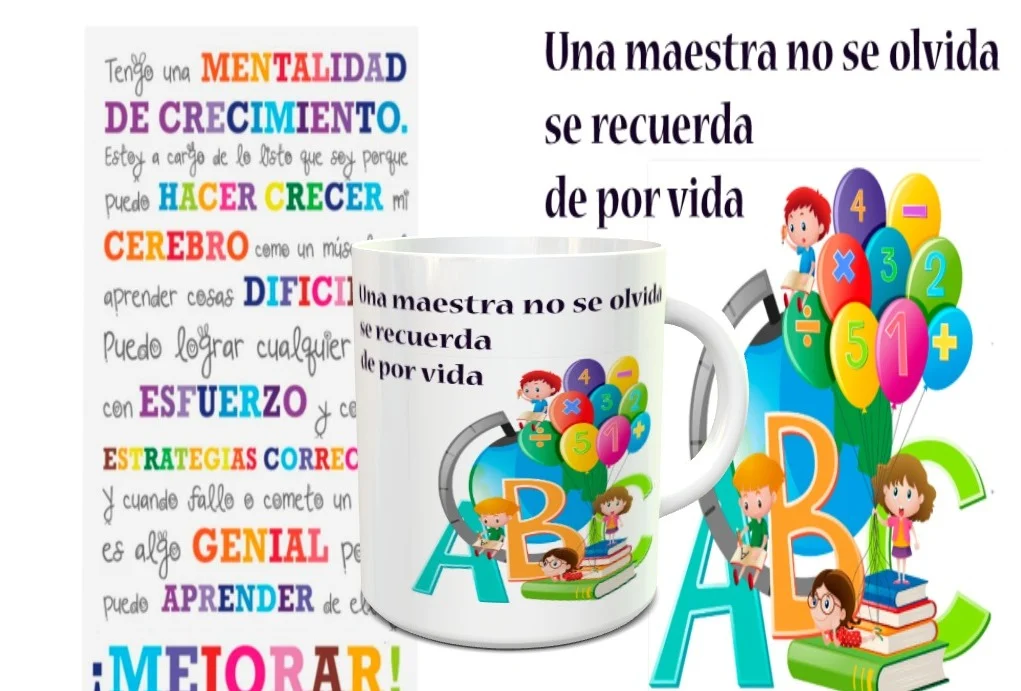 Taza blanca de cerámica rodeada por un fondo escolar con letras ABC, libros y globos con números. La superficie muestra la frase Una maestra no se olvida se recuerda de por vida junto a un diseño infantil.