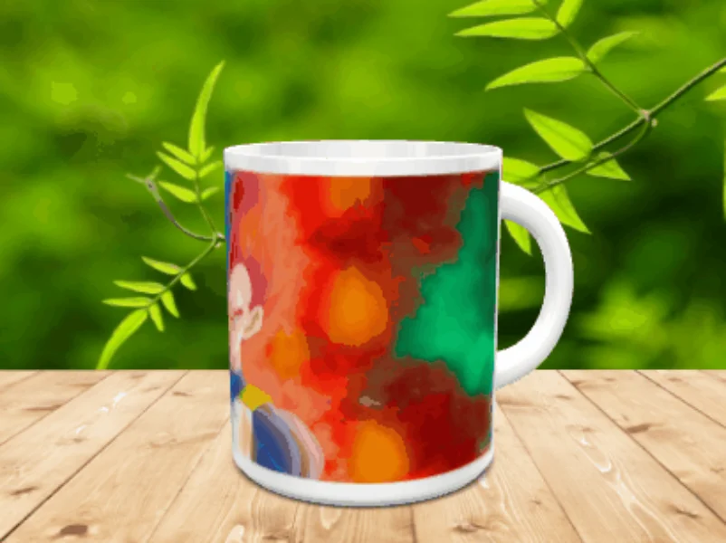 Taza blanca de cerámica decorada con la imagen de un personaje de animación con el pelo en tonos rojos y azules, sobre una mesa de madera con fondo vegetal.