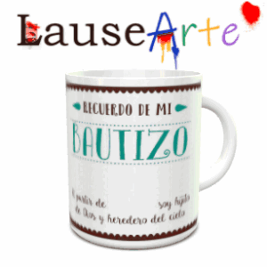 Caneca branca de cerâmica personalizada com um design comemorativo de batizado que inclui frisos castanhos, texto em tons turquesa e uma frase emotiva na parte inferior.