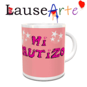 Maquete de caneca branca de cerâmica com fundo cor-de-rosa em movimento, estrelas brancas e a inscrição O Meu Batizado em tons fúcsia.
