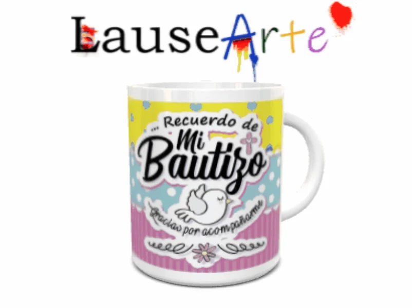 Maqueta de taza blanca de cerámica en movimiento con diseño de bautizo que incluye un fondo multicolor con corazones, lunares y rayas, además de una paloma ilustrada.