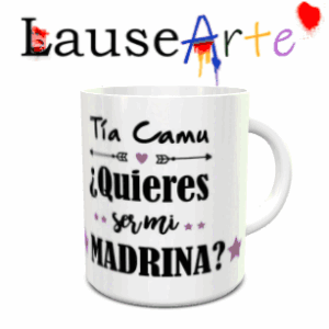 Maqueta de uma caneca branca de cerâmica com uma mensagem personalizada para pedir o apadrinhamento em tons pretos e roxos. Ref. 26x