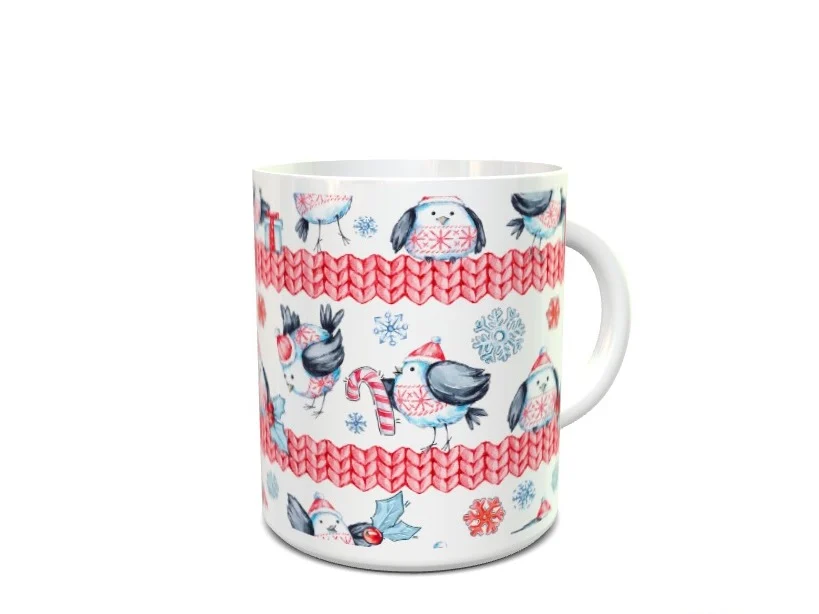 Taza blanca de cerámica con estampado navideño de pajaritos con jerséis y copos de nieve Ref. 8x