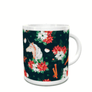 Caneca branca de cerâmica decorada com um design natalício de fundo escuro, unicórnio e flores de Natal. Ref. 9x