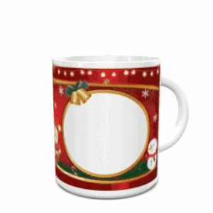Caneca branca de cerâmica com design natalício em tons vermelhos, uma moldura circular central pronta a personalizar e motivos festivos visíveis na superfície.