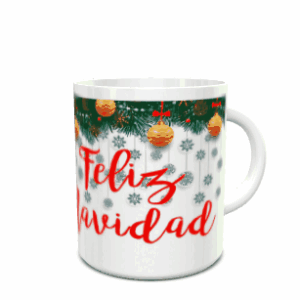 Taza blanca de cerámica decorada con ramas de pino, esferas doradas y la frase Feliz Navidad en tonos rojos sobre un fondo de copos de nieve. Ref. 6