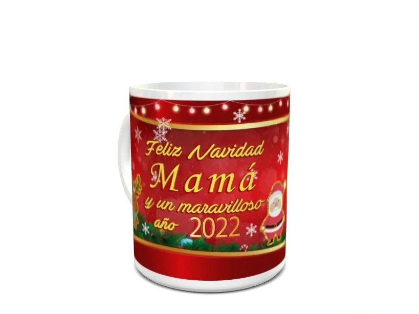 Taza blanca de cerámica con fondo rojo decorada con motivos navideños y el texto Feliz Navidad Mamá y un maravilloso año 2022 Ref. 11x