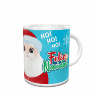 Caneca branca de cerâmica com design natalício do Pai Natal sobre fundo azul claro e texto Feliz Natal.