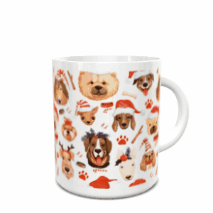 Maquete de uma caneca branca de cerâmica em movimento decorada com um padrão estampado de cães de diferentes raças com motivos natalícios.